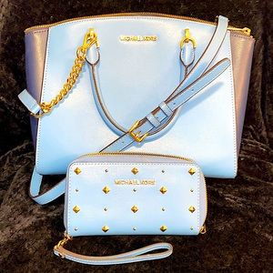 Michael Kors blue/navy and gold chain purse w/ wallet